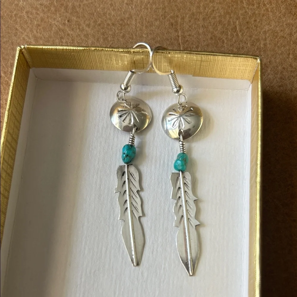 Sterling Silver Feather Drop Earrings with Turquoise Bead